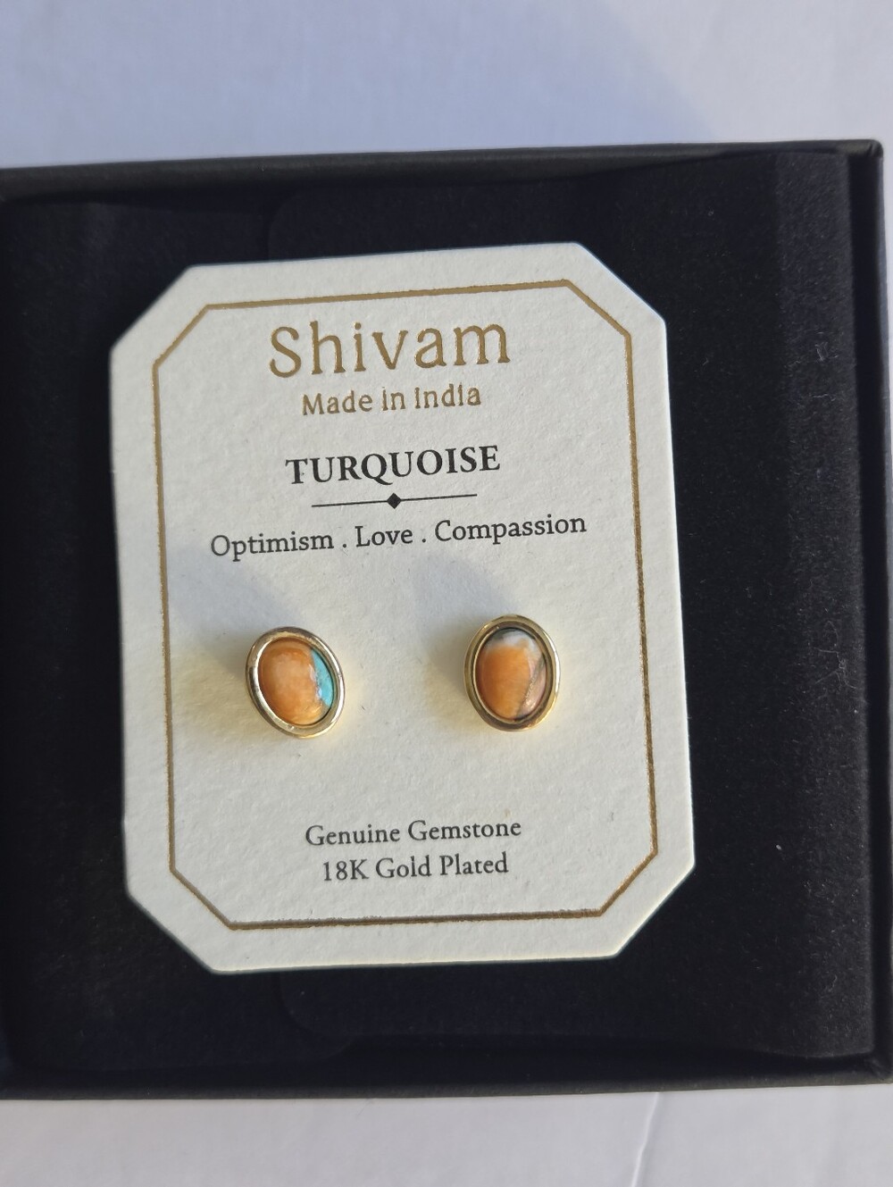 Shivam Turquoise Oval Gold-Plated Stud Earrings - Orange-Blue Gemstones
